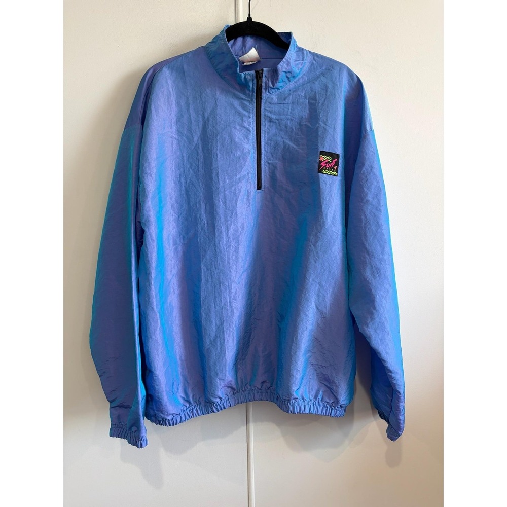 Vintage Surf Style Jacket Mens One Size Blue Nylon 1/4 Zip Windbreaker Retro 90s
